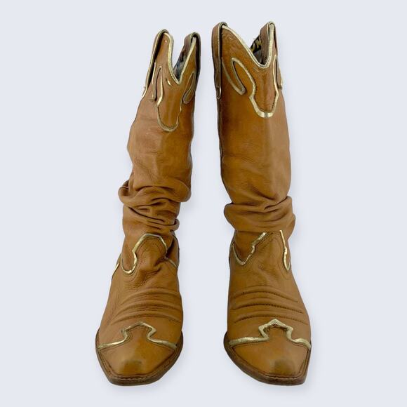 Naona Nana? Light Brown Leather Tall 2.5" Stacked Heel Western Cowgirl Boots 7.5 - Picture 2 of 10